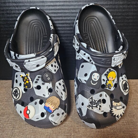 Crocs Classic Unisex Black White Dice Clogs With Pokemon Charms Size M5 W7 - Picture 1 of 11